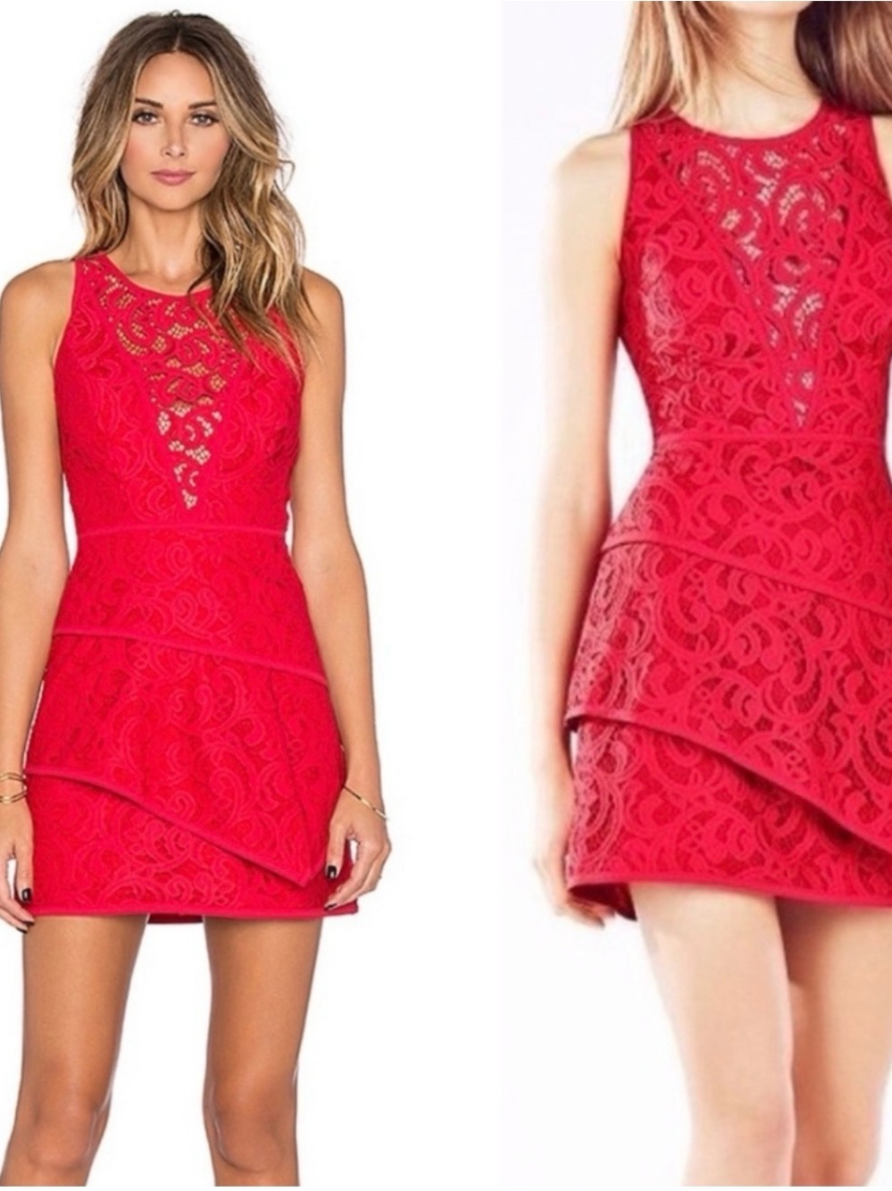 BCBGMaxAzria Red Lace Tiered Mini Dress Size 2 Like New